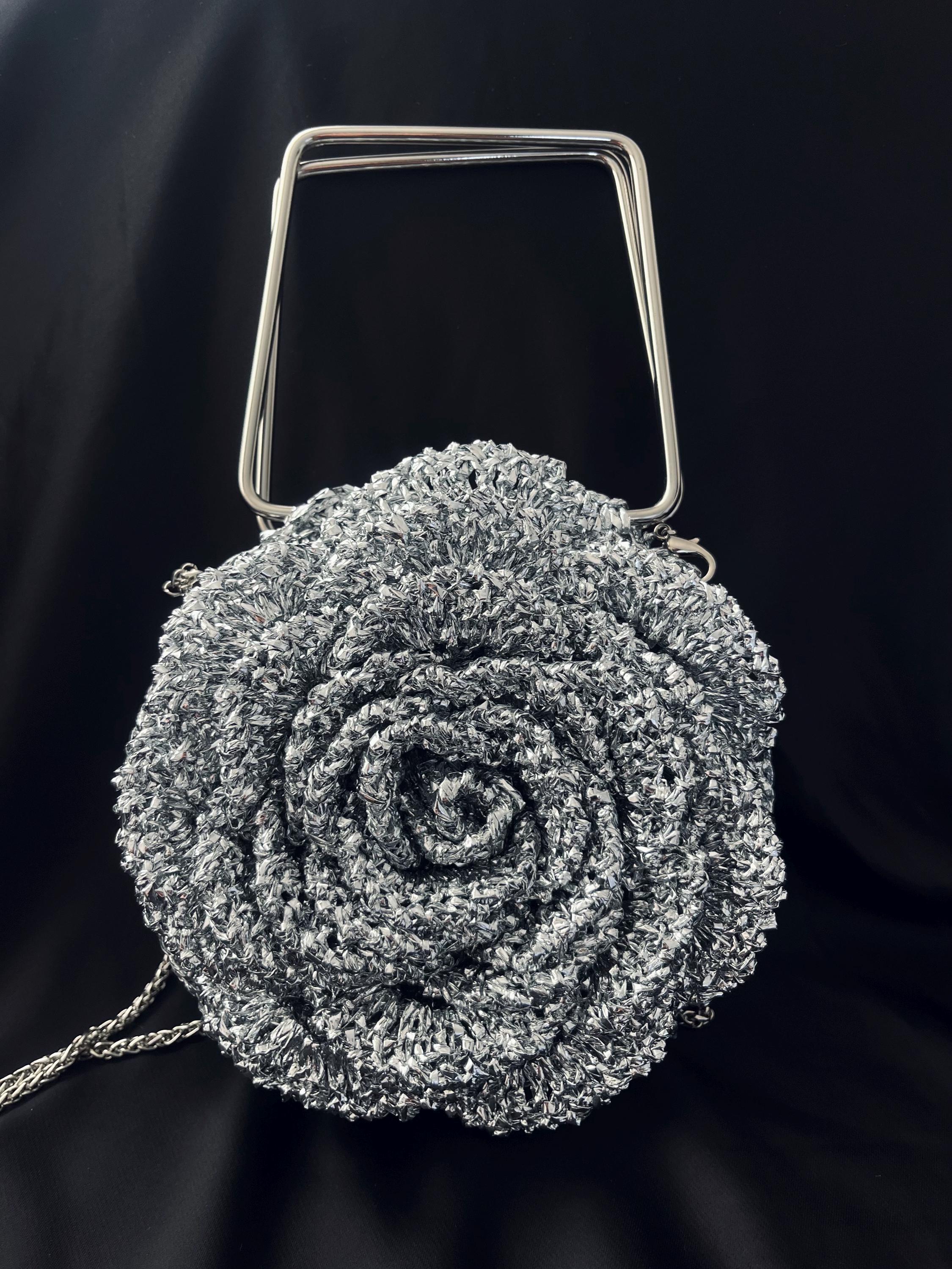 3D Crochet Silver Rose Bag: Handmade Metallic Yarn Evening Handbag