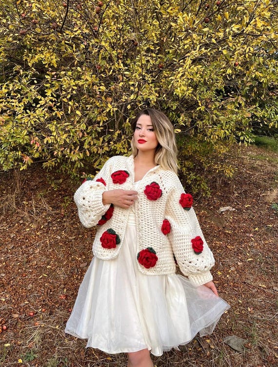 Handmade Chunky Crochet Cardigan: 3D Red Rose Sweater