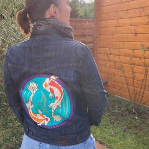 Hand-painted second-hand denim jacket with Koi carp