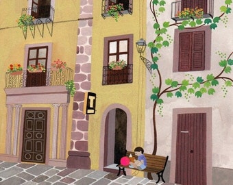 Reading spot ~ Bosa old town A4 print ~ Sardinia summer art ~ Italian urban landscape ~ Child reading book ~ Illustration Annalisa Salis