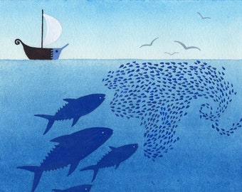 Odyssey sea ~ Small square fish art print ~ Mediterranean nautical art ~ Greek sailing boat ~ Summer love ~ Illustration by Annalisa Salis