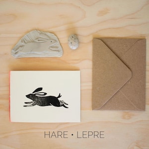 Original linocut mini folding card ~ Handmade card with envelope ~ Hare, Hedgehog, Snail, Swallow, Tortoise art~ Illustration Annalisa Salis