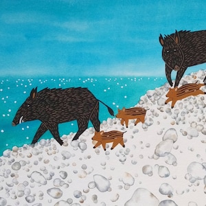 Morning walk ~ Fine art print ~ 30x21cm (A4) ~ Wild boar family ~ Sardinia landscape ~Titled and signed by hand by Annalisa Salis