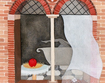 Apple Girl ~ 15x15 signierter Kunstdruck ~ Italienische Altstadt Florenz ~ Fenster-Spitzenvorhang ~ Illustration Annalisa Salis