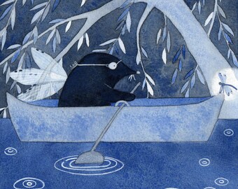 Maulwurf ~ Libellen Print ~ Nachtfluss Weidenbaum ~ Kleines quadratisches Aquarell ~ Illustration Annalisa Salis