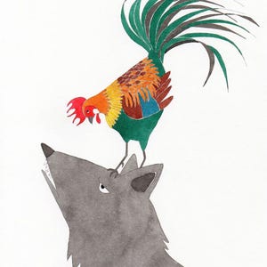 May include: Watercolor illustration of a colorful rooster standing on top of a gray wolf. The rooster has red, yellow, orange, and green feathers. The wolf is gray with its mouth open.