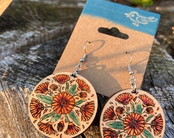 Handmade wood earrings calendula mandala