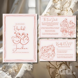 Whimsical Wedding Invitation, Swan Wedding Invitation, Invitation Templates, Hand Drawn Invitation Templates, Illustration Wedding Template