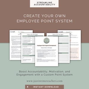 May include: A printable worksheet with the title "Create Your Own Employee Point System". The worksheet includes examples of how to create a point system for employees, including customer service, employee development, and more. The worksheet is designed to help businesses streamline accountability and boost employee motivation.
