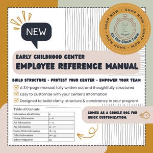 Puede incluir: Manual de referencia para empleados de centros de primera infancia, en beige y blanco. El manual incluye una tabla de contenidos, y el texto "NEW" está en un bocadillo negro. El manual es un Google Doc de 34 páginas para una personalización rápida.