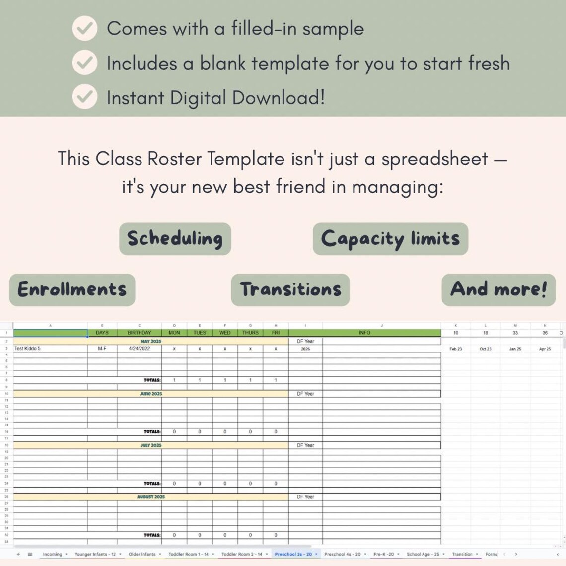 Enrollment Roster Food Program Class Roster Spreadsheet | Childcare Classroom Tracker | Schedule ...