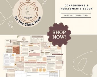 May include: A digital download for teachers featuring a brown and white illustrated clock with the text "Just in Time teachers. On The Clock Tools" and the words "Conferences & Assessments Ebook" and "Shop Now!" in a brown and white banner.