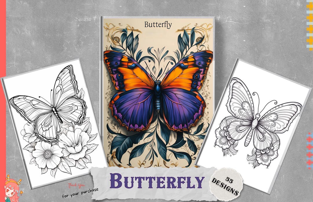 50 Digital Butterfly Coloring Pages for Adults - Anti-stress Relaxation