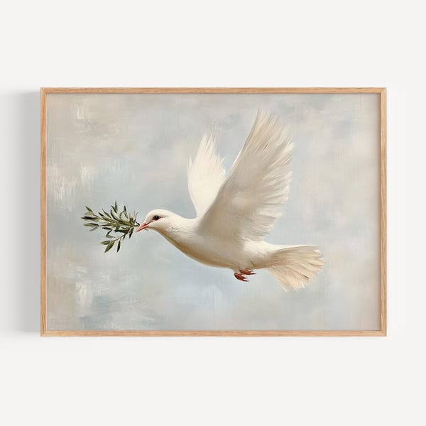 オリーブの枝を持つ平和な鳩、ヴィンテージ油絵デジタルダウンロード、ミニマリストなキリスト教の壁画、聖書のシンボルプリント、信仰の装飾