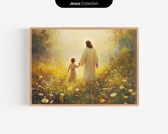 Child Walking with Jesus, Digital Download, Jesus and Child Painting, Christian Wall Art, Bible Artwork, Faith Print, Spiritual Home Decor