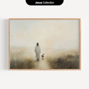 Jesus Left the 99, Digital Download, The Lost Lamb, Modern Christian Painting, Good Shepherd Art, Neutral Bible Wall Print, Faith Jesus Art