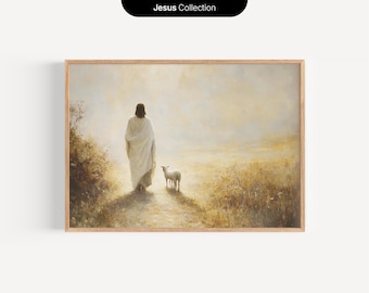 May include: A painting of a person in a white robe walking with a white lamb in a field. The background is a soft, hazy landscape.