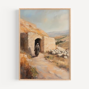 Shepherd at the Gate, Digital Download, Oil Painting, The Good Shepherd, Biblical Landscape Art, Rustic Christian Wall Art, Bible Prints