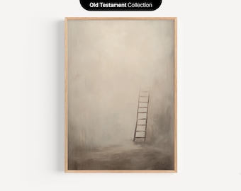 Heavenly Ladder, Jacob's Vision DIGITALE DOWNLOAD, minimalistisch olieverfschilderij, dromerige neutrale kunst, christelijke muurkunst, bijbelafdruk, decor geloof