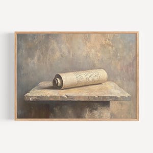 May include: A framed print of a still life painting. A rolled parchment with text rests on a stone block. The background has a neutral color palette with beige, brown, and gray tones.