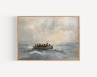 Jesús calma la tormenta, pintura al óleo minimalista digital, arte mural cristiano vintage, impresión de historias bíblicas, decoración de fe, arte bíblico