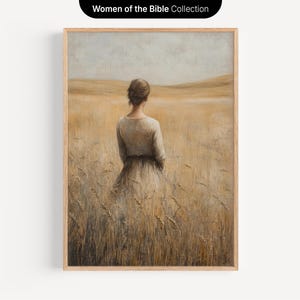 May include: A painting of a woman standing in a field of tall grass. She is wearing a light brown dress and has her back to the viewer. The sky is a light blue and there are some clouds in the distance.