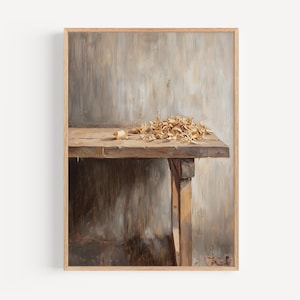May include: A painting of a wooden table with a pile of wood shavings on top. The table is in a room with a gray wall. The table is made of rough wood and has a rustic look.