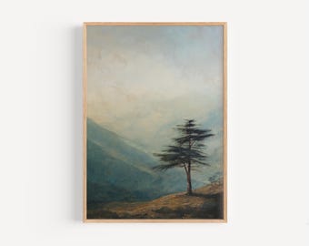 Ancient Cedar of Lebanon, DIGITAL DOWNLOAD, Minimalist Landscape Oil Painting, Vintage Tree Wall Art, Biblical Nature Print, Christian Decor