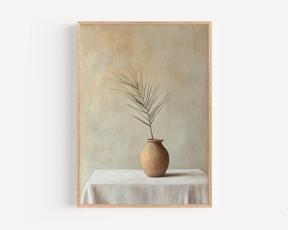 Palm Sunday Still Life, Holy Week DIGITAL DOWNLOAD, Minimalist Oil Painting, Easter Christian Art, Clay Jar Palm Branch, Christian Wall Art