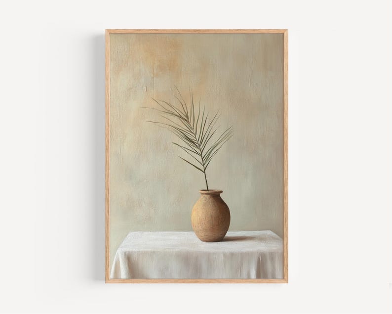May include: A painting of a single brown branch with green leaves in a terracotta vase on a white tablecloth. The background is a light green and brown textured wall.