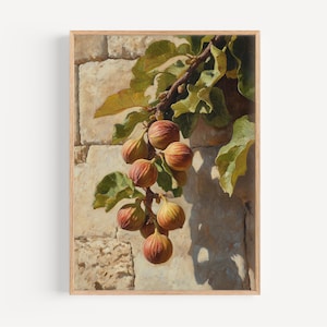 May include: A painting of a fig branch with ripe figs hanging from it. The branch is growing against a stone wall. The figs are a mix of green, brown, and purple.