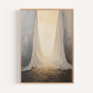Peut inclure: Une peinture représentant un tissu blanc drapé sur une porte, avec une lumière jaune brillante qui traverse le tissu.