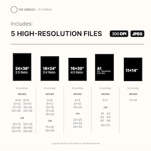 May include: A black and white graphic showing five different print sizes for digital art files. The sizes are 24x36 inches, 18x24 inches, 16x20 inches, A1 (ISO International Paper Size), and 11x14 inches. The graphic also includes the text "5 HIGH-RESOLUTION FILES", "300 DPI", and "JPEG".