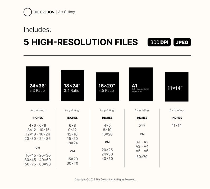 May include: A black and white graphic showing five different print sizes for digital art files. The sizes are 24x36 inches, 18x24 inches, 16x20 inches, A1 (ISO International Paper Size), and 11x14 inches. The graphic also includes the text "5 HIGH-RESOLUTION FILES", "300 DPI", and "JPEG".