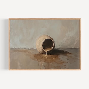 May include: A brown clay pot with a rounded shape is tipped over, spilling a brown liquid onto a light brown surface. The pot is against a light gray background.