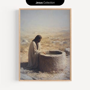 Jezus bij de bron, digitale download, minimalistisch olieverfschilderij, christelijke muurkunst, bijbelverhaalprint, Jezuskunst, modern christelijk decor