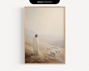 Jesus and the 99 Sheep, Jesus and His Flock DIGITAL DOWNLOAD, Minimalist Oil Painting, Christian Wall Art, Tranquil Bible Art, Modern Art