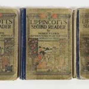 May include: Three vintage hardcover books titled Lippincotts Second Reader by Homer P. Lewis, Superintendent of Schools. Each tan cover features a dark blue spine and a black-and-white illustration of children playing with a dog in a room.