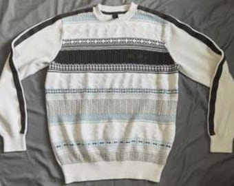 Vintage Sean John Sweater Mens Large Y2K Pullover Fair Isle Cable Knit Cotton Acrylic Hong Kong 90s 2000s Streetwear Skater Hip Hop Cream