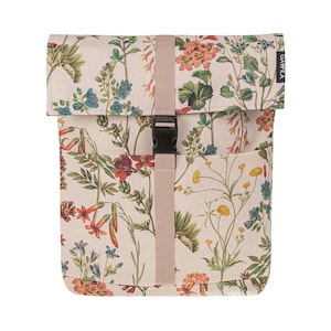 May include: A beige roll-top backpack with a colorful floral pattern featuring red, orange, yellow, and blue flowers and green leaves. The bag has a beige strap with a black buckle and the brand name "GAWKA" printed on the top.