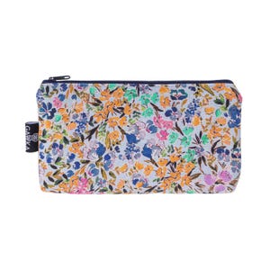 May include: A blue and white floral print zippered pouch with a black label that says "GAIKA".