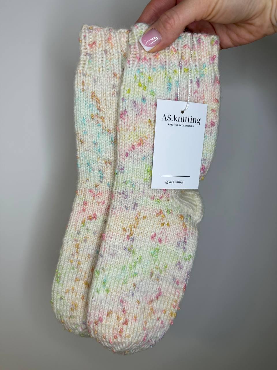 Handmade Colorful Knit Socks, White Wool Socks with Multicolor Yarn