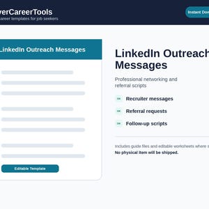 Puede incluir: Un producto digital titulado "Mensajes de alcance de LinkedIn" con un diseño turquesa y blanco. El producto incluye mensajes de reclutadores, solicitudes de referencia y guiones de seguimiento. El texto "Descarga instantánea" está en la esquina superior derecha.