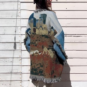 Handmade Skyline Coat – Fringed Cotton Jacket, Brown Sky Blue, Mid-Length with Pockets, Unique Urban Design, One of a Kind, Boho Outerwear
