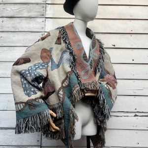 Blanket Coat, Woman Coat, Retro Vintage Hippie Boho Jacket, Shoes and Hats Pattern, Handmade, With Lining and Pockets, Fringe Collar Coat