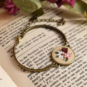 Vintage Floral Bracelet, Botanical Polymer Clay Floral Bracelet, Adjustable Bronze Bracelet