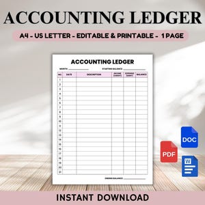 Editable Accounting Ledger Sheet Template, Accounting Ledger, Business Ledger, Money Tracker, Expense Tracker, Printable Accounting General
