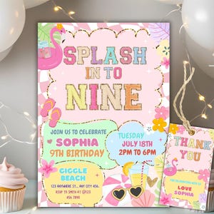 Splash into Nine verjaardagsfeestje uitnodigingssjabloon bewerkbare girly zomer flamingo zwemmen splash pad uitnodiging voor feest 9e verjaardag
