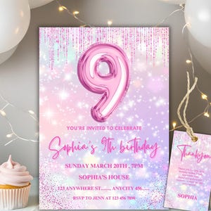 May include: A pink and purple birthday invitation with a large number 9 balloon. The invitation reads "Sophia's 9th birthday" with event details. A matching "Thank you" tag is included.