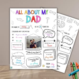 All About My Dad Printable With Photo Paste, Fathers Day Questionnaire, Dad Gift from Kids, DIY Fathers Day, Best Dad Worksheet